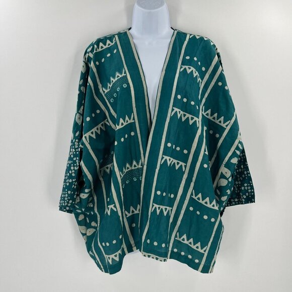 Marketplace of India S-L Silk Cotton Kimono Jacket Teal Global Batik Open Front - Picture 8 of 9